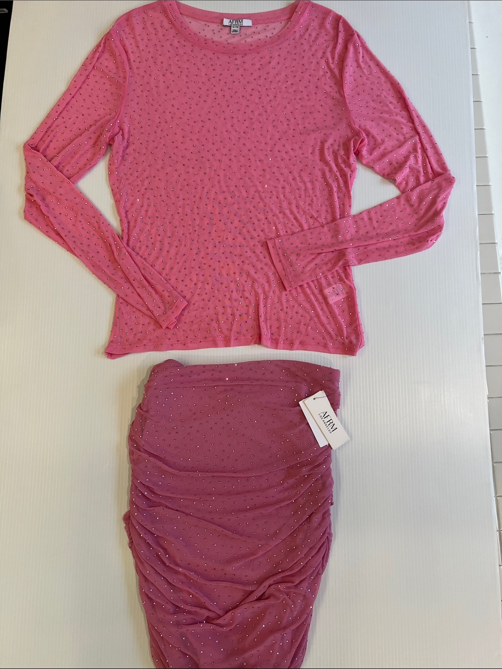 AFRM Women’s Pink Rhinestone Top (X-Large) and Rhinestone Skirt (Medium) 𝐒𝐄𝐓